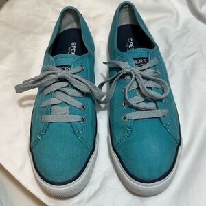 Sperry slip on sneakers shoes women 8 turquoise aqua blue teal lace up canvas 8